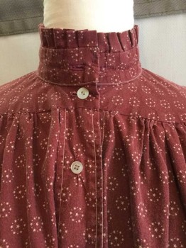 MTO, Wine Red, Tan Brown, Cotton, Polyester, Stars, Geometric, Stand Collar with Pleated Ruffle ( Missing Button), B.F., Drawstring At Waist, Front And Back Yoke Pointed In Back, L/S, Button Cuffs