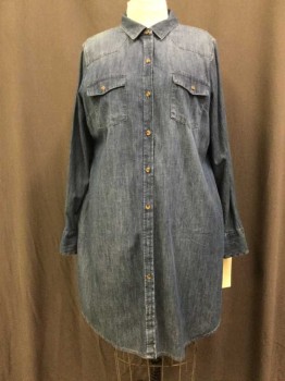 Womens, Dress, Long & 3/4 Sleeve, MERONA, Denim Blue, Cotton, Solid, XXL, Blue Chambray, Button Front, Collar Attached, Long Sleeves, 4 Pockets,