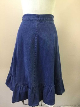 SEARS, Denim Blue, White, Cotton, Solid, A-line, Zip Center Back, Gathered Ruffle Hem with White Lace Detail