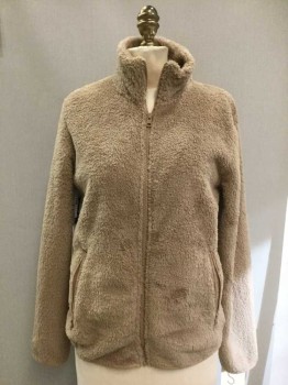 Womens, Casual Jacket, TNA, Tan Brown, Polyester, Solid, S, Zip Front, 2 Pockets, Stretch Binding, Teddy Bear Fleece