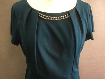 Womens, Dress, Short Sleeve, SAMI & JO, Teal Green, Polyester, Spandex, Solid, XL, Stretch Crepe, Short Sleeve,  Pewter Chain Detail Center Front, Double Pleats at Round Neckline, Keyhole Center Back with Button