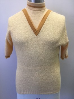 N/L, Apricot Orange, Acrylic, Solid, Stripes, Knit, Apricot Yellow with Mustard V Shape Yoke at Neck, Apricot Underlayer with Turtleneck, Short Sleeves, Mustard Stripe at Neck and Cuffs, **Has Small Hole at Upper Right Sleeve