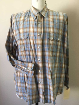 Mens, Western, WRANGLER, Lt Blue, Brown, White, Cotton, Polyester, Plaid, 2XL, Square Snaps, Snap Front, 2 Flap Pocket,