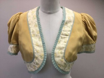 Womens, 1930s Vintage, Piece 2, N/L, Mustard Yellow, Lt Yellow, Sage Green, Cream, Beige, Silk, Floral, Solid, B:34, Bolero Jacket,  Solid Mustard Silk Crepe with 1.5" Light Yellow Floral Edging, Sage Pleated Ruffle Trim, Short Gathered/Puffy Sleeves, Cropped Length, Open at Center Front, Made To Order Reproduction