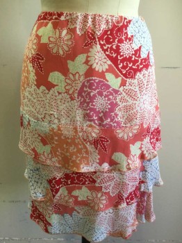 HAROLDS, Pink, Coral Pink, Red, Blue, Silk, Floral, Abstract , Elastic Waist, 3 Tiers of Ruffles,