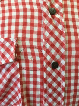 Mens, Western Shirt, LEE, Red, White, Poly/Cotton, Gingham, L, Long Sleeves, Collar Attached, Snap Closures. Hole at Right Front,