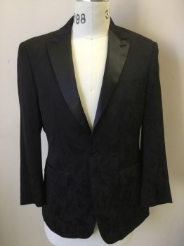 Mens, Suit, Jacket, TALLIA, Black, Rayon, Polyester, Floral, 38S, Synthetic Silk Self Floral/Bird Pattern, Single Breasted, Collar Attached, Solid Satin Peaked Lapel, 3 Pockets, 1 Button, Double Vent Back, Multi-color Bird Lining