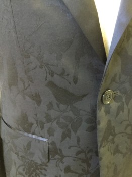 Mens, Suit, Jacket, TALLIA, Black, Rayon, Polyester, Floral, 38S, Synthetic Silk Self Floral/Bird Pattern, Single Breasted, Collar Attached, Solid Satin Peaked Lapel, 3 Pockets, 1 Button, Double Vent Back, Multi-color Bird Lining