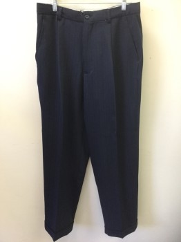 Mens, 1990s Vintage, P2, SYLLABLES, Navy Blue, Polyester, Spandex, Stripes - Vertical , Ins:31, W: 34, Pants, Self Vertical Stripe Texture, Pleated Waist, Zip Fly, 4 Pockets, Wide Leg Tapered at Hem, Cuffed Hems, Retro, "Swingers"