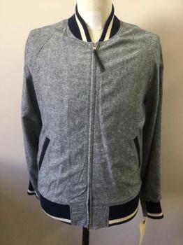 Mens, Casual Jacket, GB SPORT, Denim Blue, Navy Blue, Linen, Cotton, M, Chambray, Long Sleeves, Zip Front, Navy/white Stripe Ribbed Knit Collar/Cuff/Waistband, Linen/Cotton Varsity Jacket