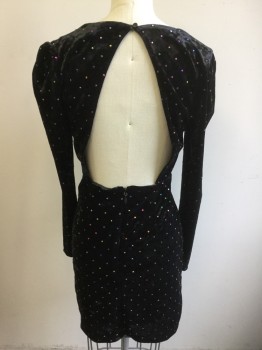 TOP SHOP, Black, Multi-color, Polyester, Polka Dots, Velvet with Multicolor Squares, V-neck, Ruffle From Bust to Hem in Diagonal, Long Sleeves, Open Back, Retro 1980s