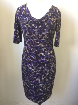 Womens, Dress, Long & 3/4 Sleeve, CONNECTED APPAREL, Purple, Dk Purple, Beige, Black, Tan Brown, Polyester, Spandex, Abstract , Geometric, 10, Shades of Purple, Beige, Black, Etc Overlapping Circles Abstract Pattern, 3/4 Sleeves, Draped/Cowl Neckline, Ruched Detail at Side, Knee Length