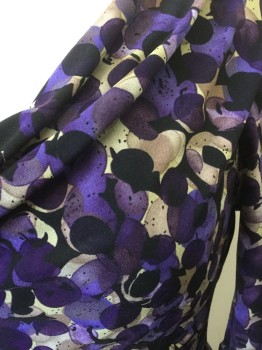 Womens, Dress, Long & 3/4 Sleeve, CONNECTED APPAREL, Purple, Dk Purple, Beige, Black, Tan Brown, Polyester, Spandex, Abstract , Geometric, 10, Shades of Purple, Beige, Black, Etc Overlapping Circles Abstract Pattern, 3/4 Sleeves, Draped/Cowl Neckline, Ruched Detail at Side, Knee Length