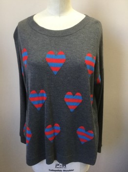 Womens, Pullover, ERIC + LANI, Gray, Red, Blue, Acrylic, Hearts, M, Knit, Gray with Red and Blue Striped Hearts Pattern, Long Sleeves, Wide Round Neck
