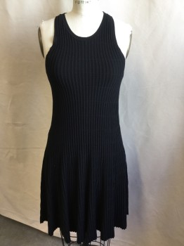 THEORY, Black, Cotton, Rayon, Solid, Black Knit Ribbed with Solid Black Lining, Scoop Neck, 1.25" Straps, Flair Bottom