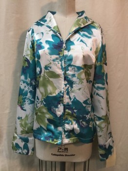 Womens, Jacket, BALA BALA, White, Teal Green, Sage Green, Navy Blue, Synthetic, Floral, L, Zip Front, Collar Attached,