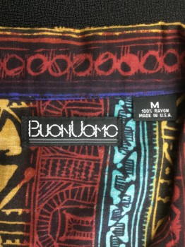BUON UOMO, Black, Red, Turquoise Blue, Mustard Yellow, Purple, Rayon, Novelty Pattern, Button Front, Short Sleeves, 1 Pocket, Collar Attached, Faux Batik Stripes