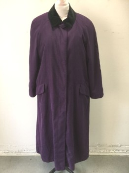Womens, Coat, GALLERY, Aubergine Purple, Black, Polyester, Solid, "Sz 6", B:42, Black Velvet Collar Attached, Single Breasted, 5 Buttons, Raglan Sleeves, Padded Shoulders, 2 Flap Pockets, Oversized/Long, Late 1980's/Early 1990's **Has Detachable Liner, Barcode # Written INSIDE Liner Sleeve
