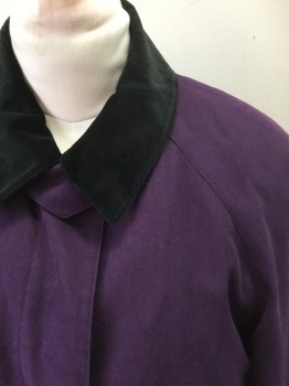 Womens, Coat, GALLERY, Aubergine Purple, Black, Polyester, Solid, "Sz 6", B:42, Black Velvet Collar Attached, Single Breasted, 5 Buttons, Raglan Sleeves, Padded Shoulders, 2 Flap Pockets, Oversized/Long, Late 1980's/Early 1990's **Has Detachable Liner, Barcode # Written INSIDE Liner Sleeve