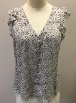 Womens, Top, REBECCA TAYLOR, Off White, Black, Silk, Floral, Dots, 4, Off White with White Dots Throughout, Flowers and Vines/Leaves Pattern, Flutter Cap Sleeves, V-neck, White Threadwork at Armscyes