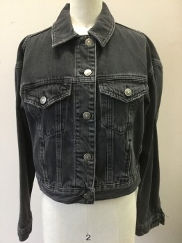 TOPSHOP MOTO, Faded Black, Cotton, Solid, Denim, Button Front, 2 Pockets, Lightly Distressed Throughout