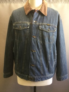 Mens, Jean Jacket, WRANGLER, Denim Blue, Cotton, Solid, XL, Button Front, 4 Pockets, Brown Corduroy Collar Attached, Long Sleeves, Red/Dk Red Plaid Flannel Lining