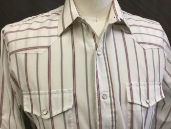 Mens, Western, ROPER, Off White, Dk Red, Tan Brown, Black, Cotton, Polyester, Stripes - Vertical , M, Off White with Dark Red, Tan, Black Vertical Stripes, Western Style, Collar Attached, Yoke, 2 Pockets with Flap, Milky White Snap Front, Long Sleeves,