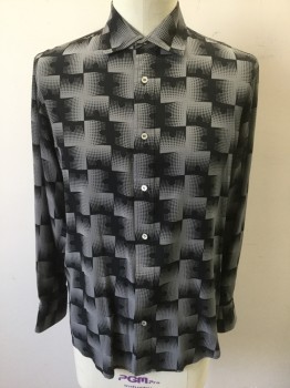 GENE MEYER, Gray, Black, Silk, Abstract Squares, Silk Georgette, Long Sleeve Button Front, Collar Attached,