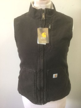 Womens, Vest, CARHARTT, Dk Brown, Taupe, Cotton, Polyester, Solid, S, Work Vest, Twill Outside, Taupe Fleece Inside, Zip Front, Stand Collar, 3 Pockets