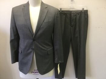 CALVIN KLEIN, Heather Gray, Black, Wool, Plaid-  Windowpane, 2 Buttons,  Notched Lapel, 3 Pockets,