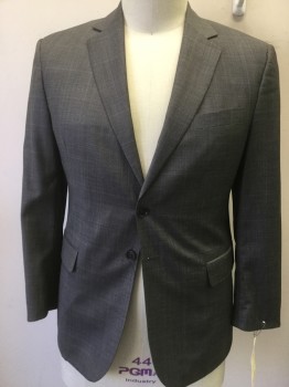 CALVIN KLEIN, Heather Gray, Black, Wool, Plaid-  Windowpane, 2 Buttons,  Notched Lapel, 3 Pockets,