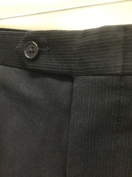 CONCEPTS CLAIBORNE, Black, White, Wool, Polyester, Stripes - Pin, Black with Finely Dotted Pinstripes, Single Pleated, Button Tab Waist, Zip Fly, 4 Pockets, Straight Leg