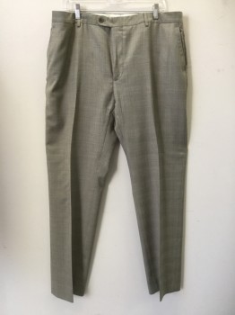 EMILIO YUSTE, Lt Brown, Brown, Wool, Plaid, Flat Front, Button Tab Closure, 4 Pockets, Belt Loops