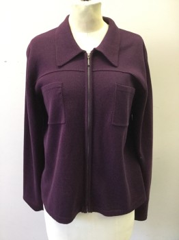 Womens, Sweater, N/L, Aubergine Purple, Wool, Solid, B: 36, M, Zip Front, Ribbed Knit CA, L/S, Yoke, 2 Pockets