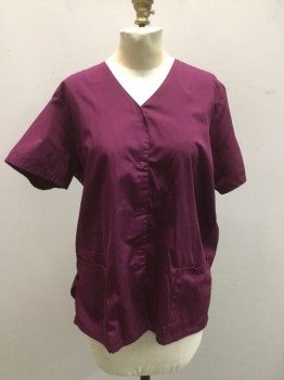 CHEROKEE, Wine Red, Poly/Cotton, Solid, V. Neck, Snap Front Closure, Short Sleeves, 3 Pockets, Multiples