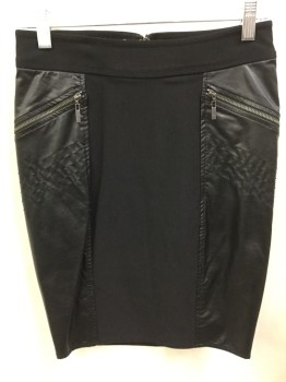 Womens, Skirt, Below Knee, GUESS, Black, Poly/Cotton, Faux Leather, Solid, 0, Black Stretchy with Black Pleater Side Panels, 2" Waist Band, 2  Pockets with Diagonal Zipper & Stitches, Zip Back, Split Back Center