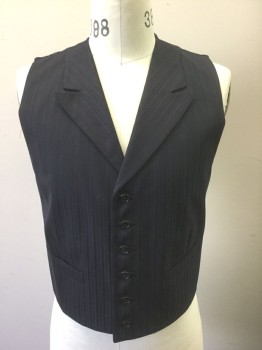 Mens, Historical Fiction Vest, N/L MTO, Navy Blue, Wool, Stripes - Pin, 38, Self Stripe, Single Breasted, Rounded Peaked Lapel, 2 Welt Pockets, Navy Self Paisley Pattern Satin Lining and Back, Belted Back, Made To Order Reproduction
