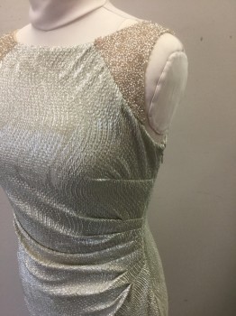 RALPH LAUREN, Gold, Beige, Polyester, Elastane, Solid, Crinkly Texture Iridescent Gold Material, Shoulders are Beige Net with Silver Bugle Beads, Sleeveless, Bateau/Boat Neck, Ruching at Side, Knee Length, Low Back with Cowl