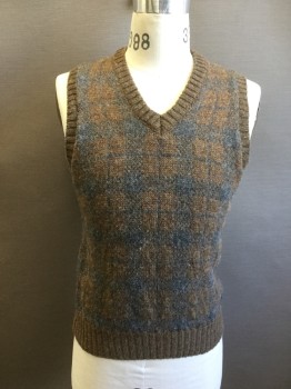 WAPP TWO, Brown, Gray, Wool, Plaid, Solid Brown Ribbed Knit V-neck/Armholes/Waistband, Solid Brown Back