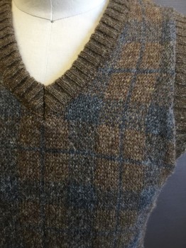 WAPP TWO, Brown, Gray, Wool, Plaid, Solid Brown Ribbed Knit V-neck/Armholes/Waistband, Solid Brown Back