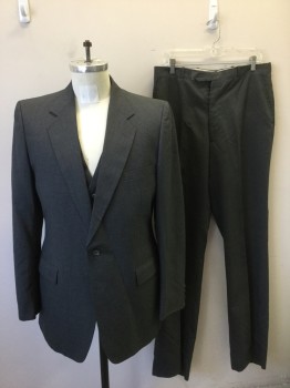 Mens, 1980s Vintage, Suit, Jacket, GIVENCHY, Gray, Wool, 42, With White Dotted Pinstripes, Single Breasted, Notched Lapel, 2 Buttons,  3 Pockets,