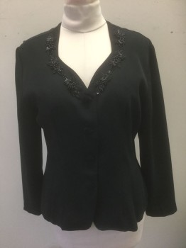 Womens, Evening Jacket, LAUNDRY, Black, Polyester, Solid, Floral, B:41, Sz. L, W:35, Crepe, 4 Velvet Buttons, Sweetheart Neckline with Beading & Sequins, Shaping Darts at Waist