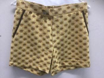 Mens, Swim Suit, N/L, Mustard Yellow, Brown, Cream, Polyester, Geometric, Floral, W:29, Mustard with Brown and Cream Aterisk * Like Flowers, Button Tab Waist, Brown Trim at Sides, Zip Fly, 5" Inseam, Made To Order Reproduction