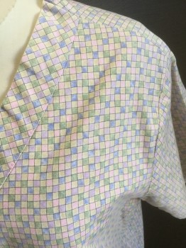 APPLE LIFE, Pink, Lavender Purple, Butter Yellow, Blue, Dusty Green, Poly/Cotton, Grid , Short Sleeves, V-neck, 2 Pockets,