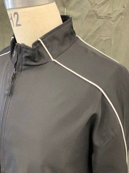 Mens, Casual Jacket, WARRIOR, Black, Polyester, Solid, XL, Zip Front, Stand Collar, White Piping, Vented Around Waist, 2 Pockets, Long Sleeves, Drawstring Waist, Long Sleeves, Lacrosse Jacket, Coach
