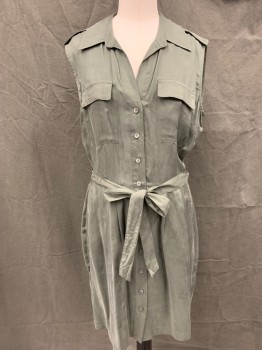 L'AGENCE, Olive Green, Cupro, Solid, Spread Collar, Button Front, 2 Patch Pocket, 2 Side Pockets, Shoulder Epaulets, Self Tie Shirt Dress, Above the Knee Length