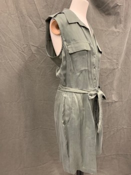 L'AGENCE, Olive Green, Cupro, Solid, Spread Collar, Button Front, 2 Patch Pocket, 2 Side Pockets, Shoulder Epaulets, Self Tie Shirt Dress, Above the Knee Length