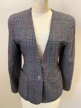 PAUL STANLEY PETITES, Gray, Charcoal Gray, Red, Purple, Black, Wool, Polyester, Plaid, V-neck, 1 Button, Single Breasted, 2 Pockets,