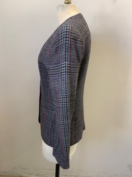 Womens, Blazer, PAUL STANLEY PETITES, Gray, Charcoal Gray, Red, Purple, Black, Wool, Polyester, Plaid, B34, V-neck, 1 Button, Single Breasted, 2 Pockets,