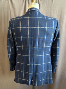 Mens, Sportcoat/Blazer, GEORGE KIRKLAND, Navy Blue, Blue, White, Wool, Silk, Grid , 42S, 1970's, Single Breasted, Collar Attached, Notched Lapel, 3 Pockets
